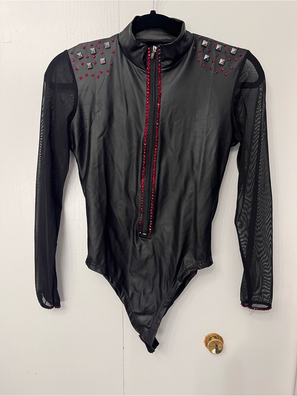 WEISSMAN Leather Zip Up Mesh Sleeves One Piece Bodysuit Jazz Dance Costume Sz S